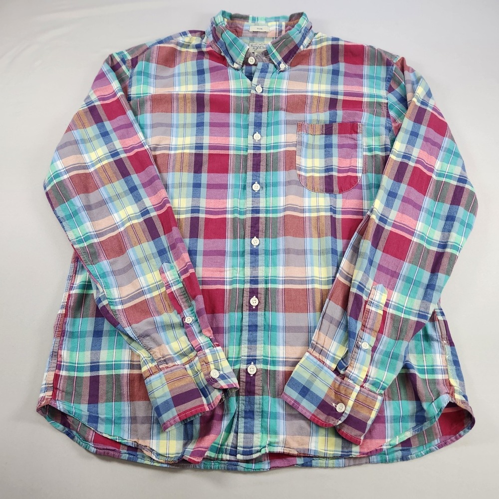 J Crew Indian Madras Plaid Shirt Men XL Slim Multicolor Long Sleeve Button Down
